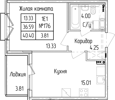 1-комнатная квартира 36.59 м², 4/4 эт., ЖК «Любоград в Стрельне»